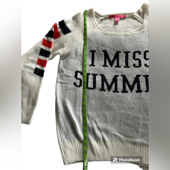 Rebellious One acrylic XL white, blue sweater that reads: I Miss Summer (NWT) - Picture 8 of 9